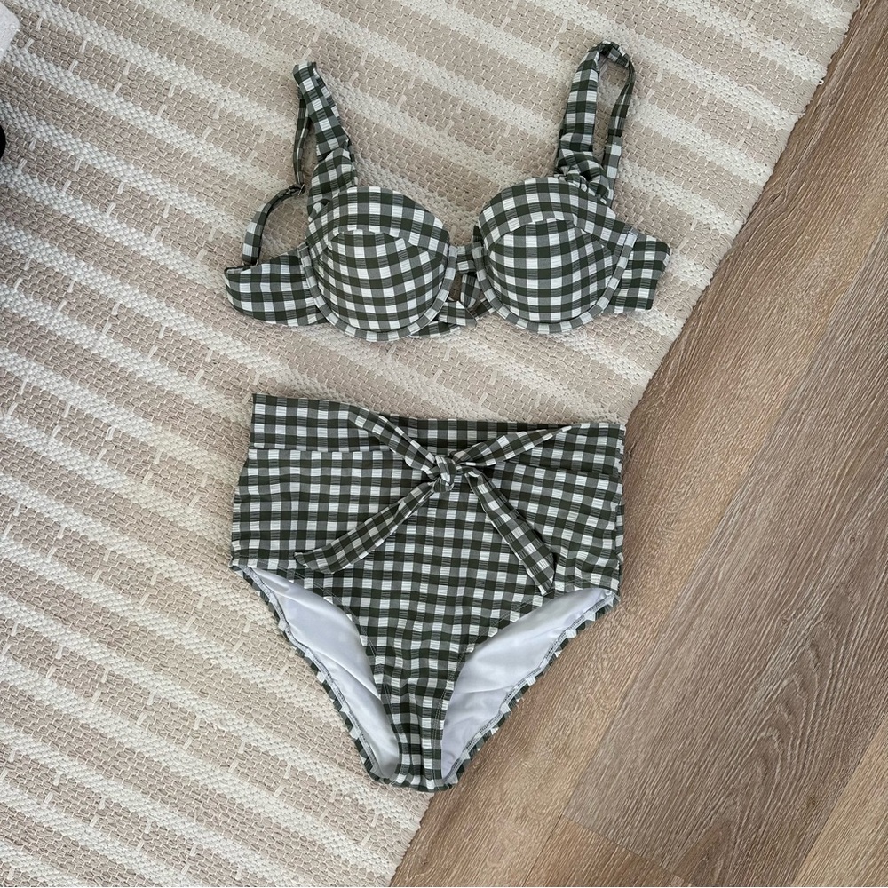 Gianni Bini High Waisted Green Gingham Swimsuit